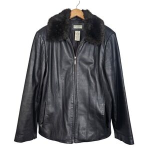 Y2K Covington Black Leather Jacket Removeable Faux Fur Collar Zip Coat Womens XL